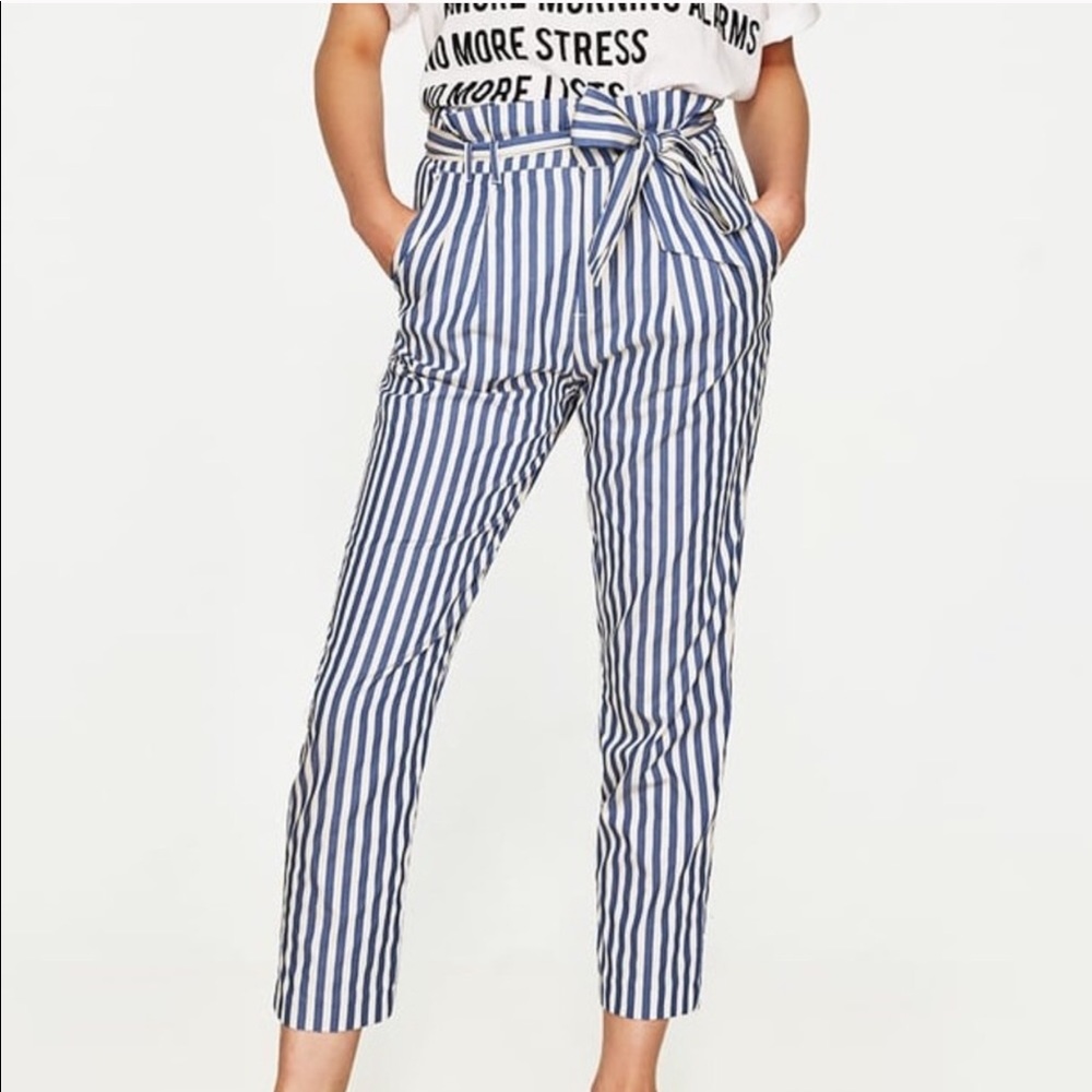 Zara Blue High Waist Striped Paperbag Pants XS SMALL